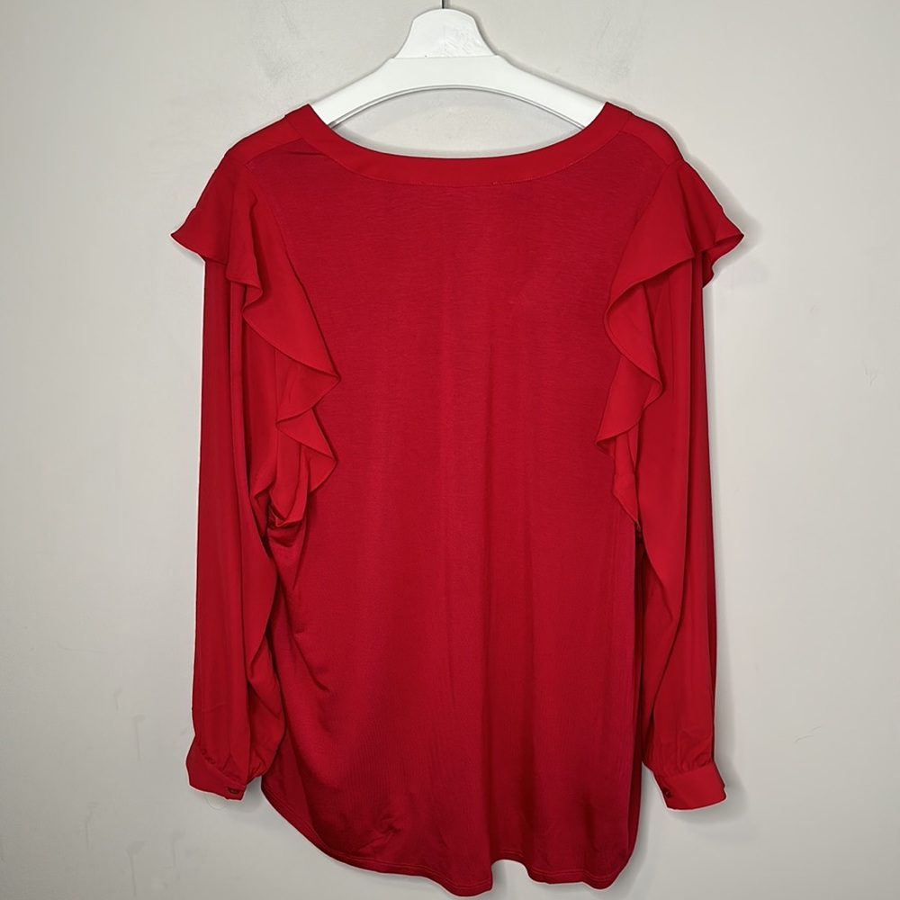 NWT Penningtons Red Mixed Media Blouse With Ruffle Shoulders - Picture 11 of 14